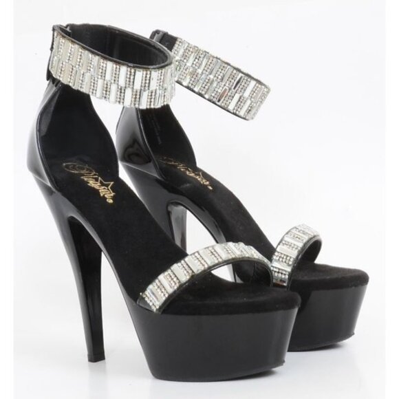 PLEASER Kiss-269RS Black Rhinestones & Mirrors Ankle Cuff 6" Heels Platform Sz 9 - Picture 1 of 8